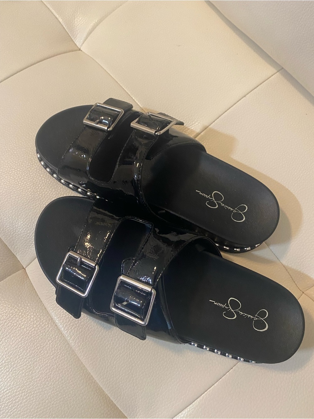 Jessica Simpson Black Patent Double-Buckle Slide Sandals